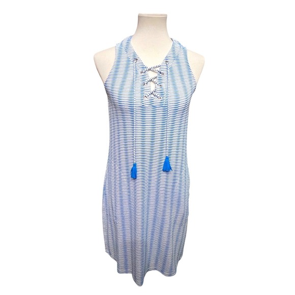 Tommy Bahama Dresses & Skirts - Tommy Bahama Blue White Striped Lace Up island Dress XS Pockets Coastal Packable